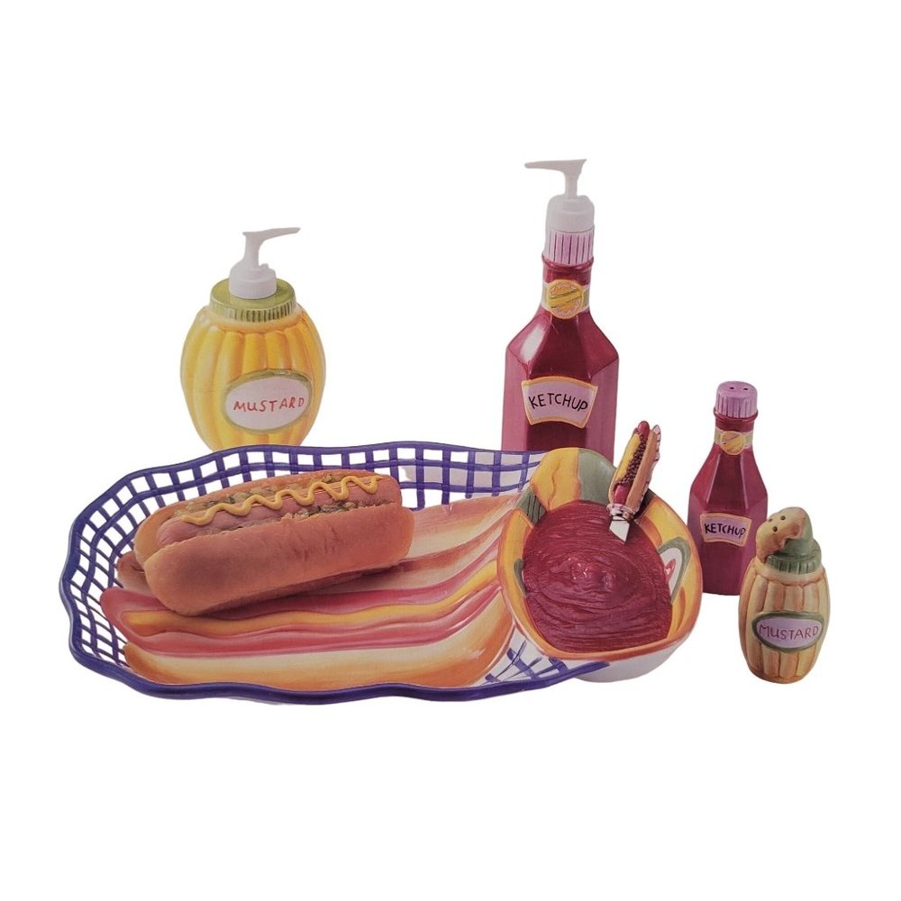Ceramic NIB Ketchup Mustard 6pc cardinal condiment barbecue set cute nostalgia